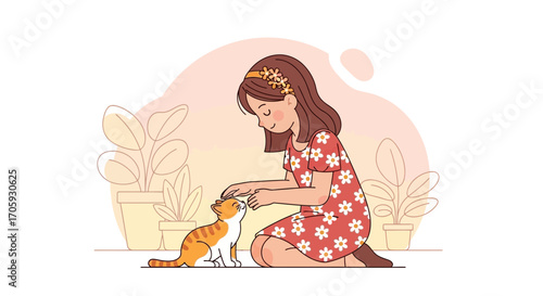Illustrative Depiction Of A Girl Fondly Patting A Domestic Feline In A Home Setting