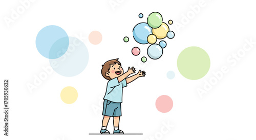 Joyful Youthful Boy Enjoys Playing With Floating Bubbles of Vibrant Colors in Air