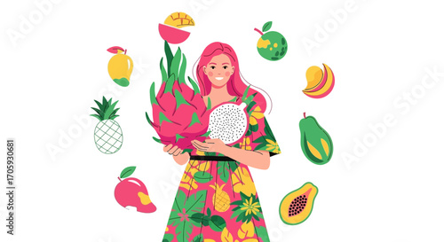 Joyous Woman Featuring Colorful Exotic Fruits in Stylish Illustration