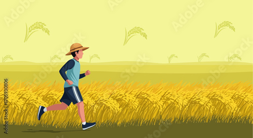 Illustrative Depiction Of Running In A Rice Field During A Bright Sunny Day