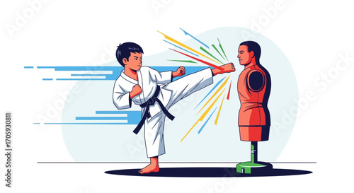 Karate Kick: Young Boy Practicing Martial Arts Against Training Dummy in Studio