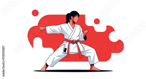 Karate Practitioner Performing a Powerful Strike in Front of Abstract Crimson Elements
