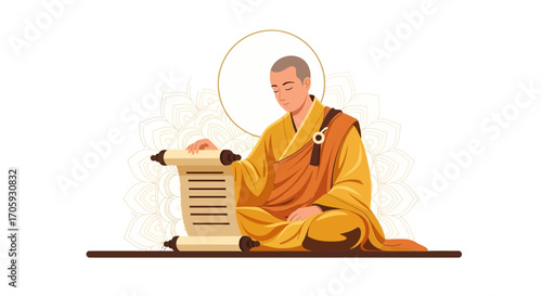 Illustrative Depiction of Spiritual Monk Meditating and Studying An Ancient Manuscript