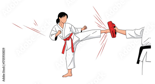 Karate Training: A Young Woman Executes a Powerful Kick Against a Target in Dojo Practice