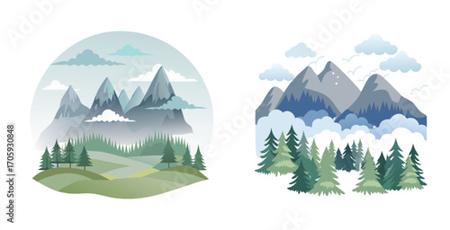 Atmospheric alpine ridge shrouded in soft mist jagged peak Vector art design illustration