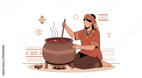 Illustrative Depiction Of Woman Cooking Food In A Traditional Vessel With Embellishments