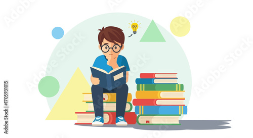 Kid Reading Book With Thought Bubble Over A Pile Of Books, Study Concept Illustration