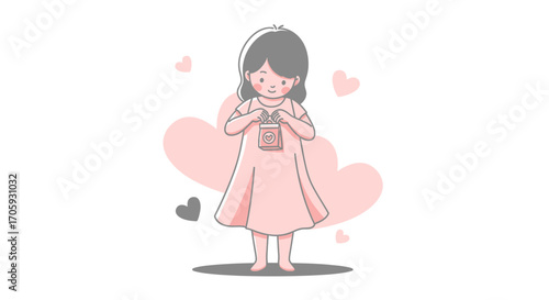 Kind Girl Holding A Present Surrounded With Pink Heart-Shaped Design Elements And Background