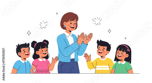 Kind Teacher Applauding Children, Illustrating Education, Gratitude, And Achievement