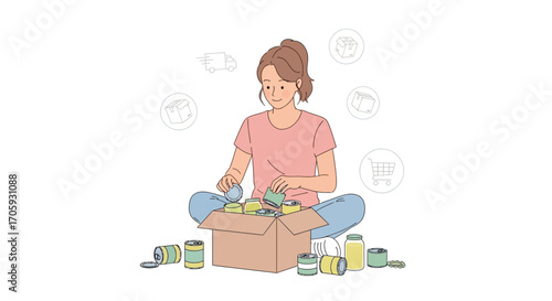 Kind Woman Bundling Food Provisions For The Needy, Showing Kindness To All Around