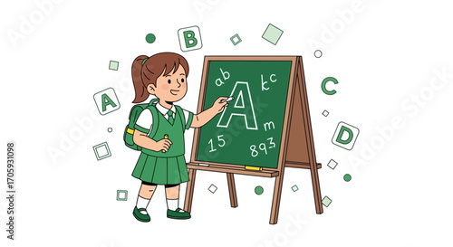 Kindergarten Student Learning Elementary Lessons Using A School Chalkboard Illustration