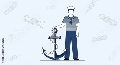 Illustrative Sailor with An Anchor and Nautical Knots against Light Blue Background
