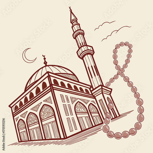 Islamic mosque with minaret and crescent moon symbol alongside prayer beads in a simple line art style