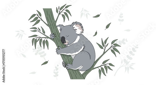 Koala Clinging To A Tree In A Peaceful Embrace With Natural Artistic Elements