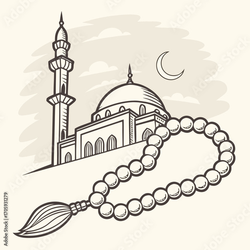 Islamic mosque with minaret and dome in the background with prayer beads in the foreground under a crescent moon and clouds