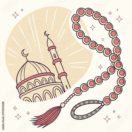 Islamic prayer beads and mosque illustration with crescent moon and radiating lines symbolizing spirituality