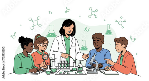 Illustrative Science Class with Diverse Students Exploring Experimentation and Learning Together