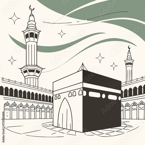 Minimalist islamic illustration of the kaaba and minarets against a backdrop of abstract green waves and stars