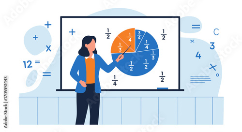 Illustrative Teacher Explaining Fractions Using A Circle Diagram In A Classroom Environment