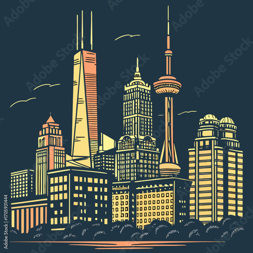 Modern cityscape skyline with tall buildings and iconic towers under a dark sky