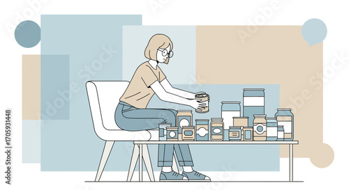 Lady Examining Jars On Table Against A Soft Background With Minimalist Design