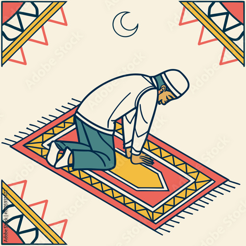 Muslim man praying on a prayer rug with crescent moon and decorative elements