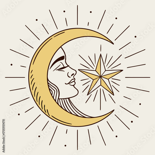 Mystical crescent moon with a human face gazing at a radiant star and sunburst rays