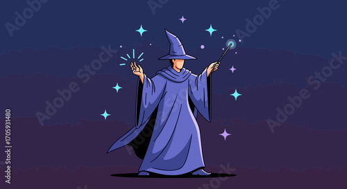 Illustrative Wizard Conjuring Magic Spells, Surrounded By Mystical Sparkling Stars