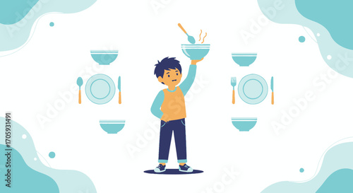 Illustrative Young Boy Holding Bowl Above Plate And Utensils With Abstract Design