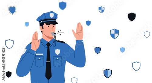 Law Enforcement Officer Communicates With Whistle and Shields in Abstract Modern Illustration