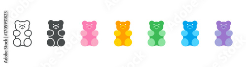 Gummy Bear Candy Icon Set: Colorful Jelly Teddy Bears in Rainbow Flavors for Sweet Treats and Desserts