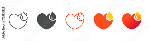 Burning Heart Icon Set: Fiery Love and Passion Symbols with Flames in Flat, Filled and Gradient Styles
