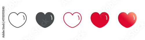 Heart Love Icon Set: Outline, Flat, Filled and Gradient Hearts in Multiple Colors and Styles for Romance and Emotions
