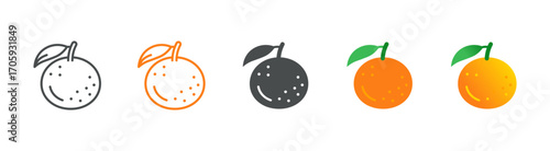 Orange Citrus Icon Set: Whole Fruit with Leaf in Flat, Filled and Gradient Styles