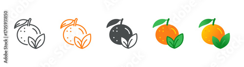 Orange Citrus with Leaves Icon Set: Whole Fruits with Two Leaves in Flat, Filled and Gradient Styles
