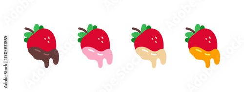Isolated Dipped Strawberry Icon Set: Fresh Strawberries Coated in Chocolate, Strawberry Cream, Vanilla Frosting and Caramel Syrup
