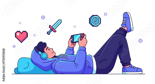 Leisure Gamer Relaxing While Playing Portable Game Console With Accessories