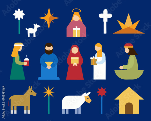 Flat design nativity scene with stylized figures and animals