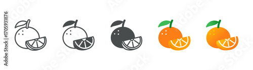 Orange Fruit with Slice Icon Set: Whole Citrus and Wedge Segments in Flat, Filled and Gradient Styles
