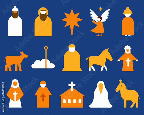 Christmas nativity scene icons in flat design style