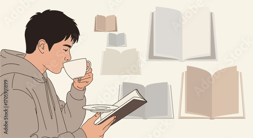 Leisurely Reader Enjoying Coffee Amidst Open Books, A Moment Of Serenity and Relaxation