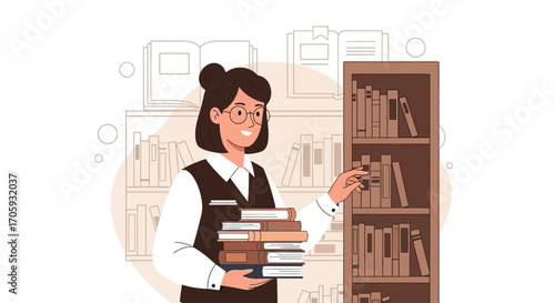 Librarian with Glasses Arranges Books on Shelf in Library, Reading Concept with Books