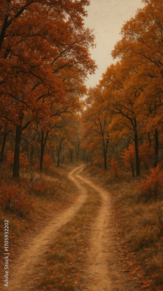 Naklejka premium [dusty trail through open woodland in fall cinematic grain mobile wallpaper]
