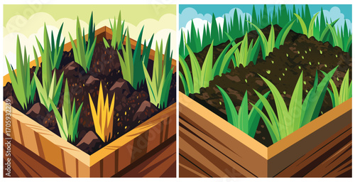 Garden bed layered with rich dark compost and moist nutrient rich soil Vector art design