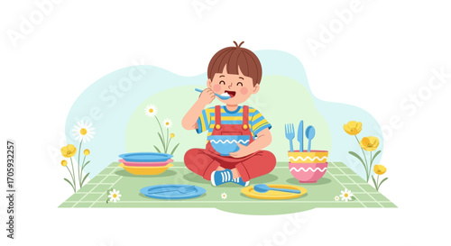 Little Boy Joyfully Consumes Meal Amidst Nature's Serene And Delightful Arrangement
