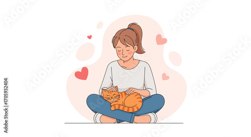 Lovely Woman Comforting Her Sleeping Cat with Gentle Strokes and Loving Expressions