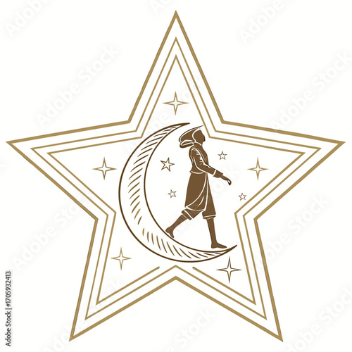 Silhouette of a person walking on a crescent moon within a stylized star surrounded by small stars