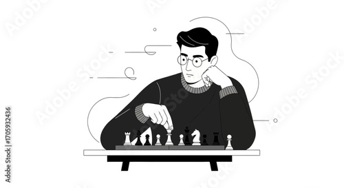 Intellectual Man Plays Chess: A Strategy Game Depicted in Minimalist Illustration Style