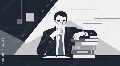Intellectual Ponders Over Literary Works, Evoking Thoughtful Reflection In Study