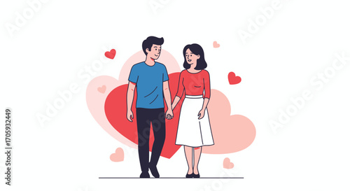 Loving Couple Stroll Together Hand In Hand Surrounded By Hearts For Valentines Day